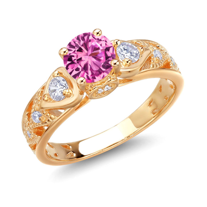 Pink Created Sapphire_5_Ring in 925 Yellow Gold Plated Silver