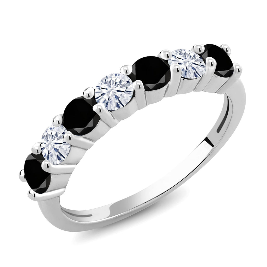 Gem Stone King 7-Stone Gemstone Birthstone and White Moissanite Wedding Band Engagement Anniversary Ring For Women | 925 Sterling Silver | Round 3.5MM | Available In Size 5, 6, 7, 8, 9