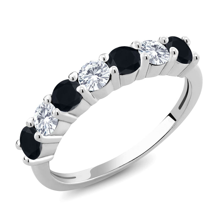 Gem Stone King 7-Stone Gemstone Birthstone and White Moissanite Wedding Band Engagement Anniversary Ring For Women | 925 Sterling Silver | Round 3.5MM | Available In Size 5, 6, 7, 8, 9