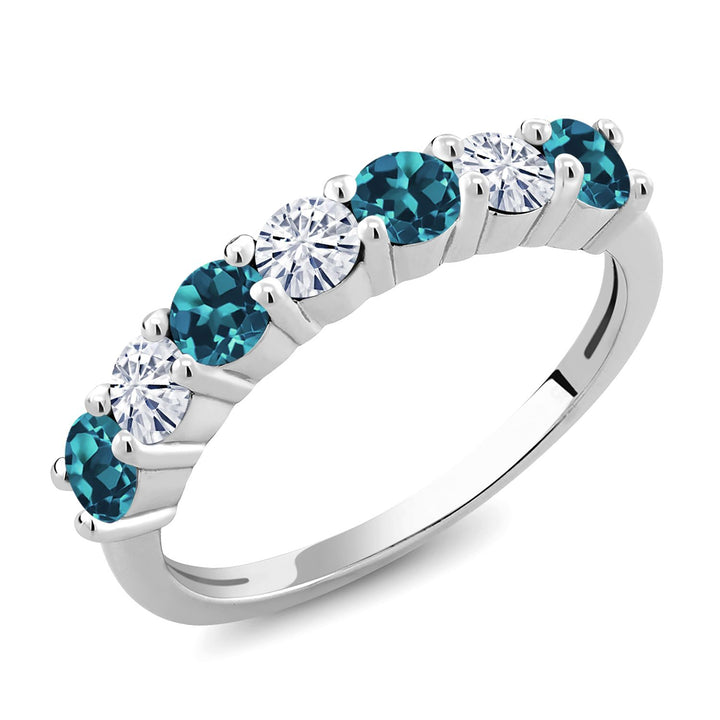 Gem Stone King 7-Stone Gemstone Birthstone and White Moissanite Wedding Band Engagement Anniversary Ring For Women | 925 Sterling Silver | Round 3.5MM | Available In Size 5, 6, 7, 8, 9