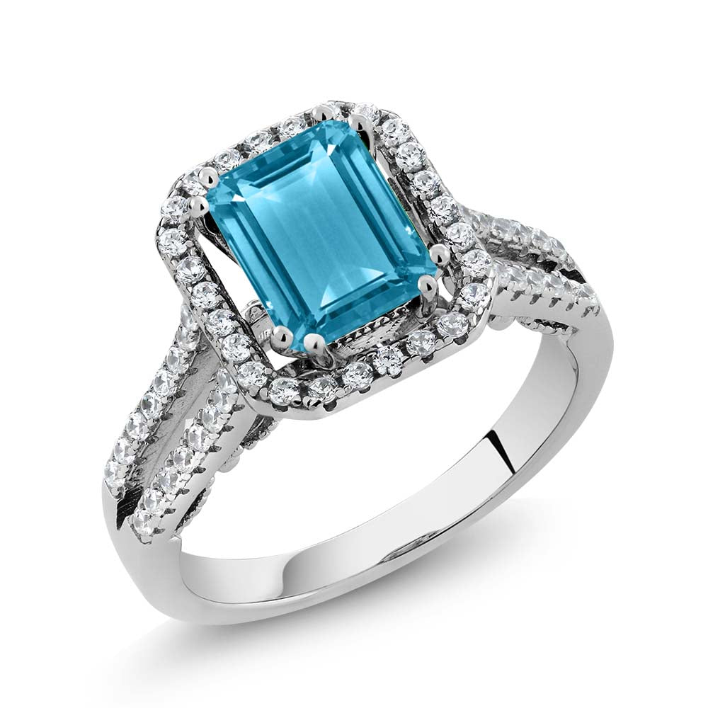 2.78 Cttw 925 Sterling Silver Swiss Blue Topaz Engagement Ring For Women | Gemstone Birthstone | Emerald Cut 9X7MM | Available In Size 5,6,7,8,9