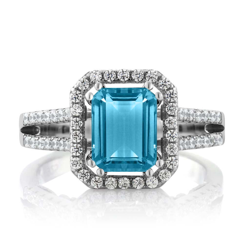 2.78 Cttw 925 Sterling Silver Swiss Blue Topaz Engagement Ring For Women | Gemstone Birthstone | Emerald Cut 9X7MM | Available In Size 5,6,7,8,9