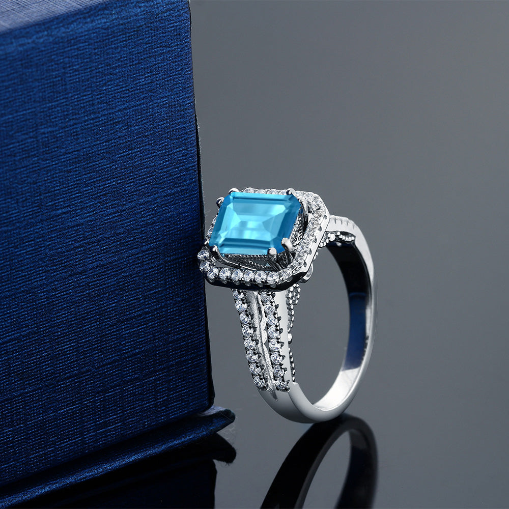 2.78 Cttw 925 Sterling Silver Swiss Blue Topaz Engagement Ring For Women | Gemstone Birthstone | Emerald Cut 9X7MM | Available In Size 5,6,7,8,9