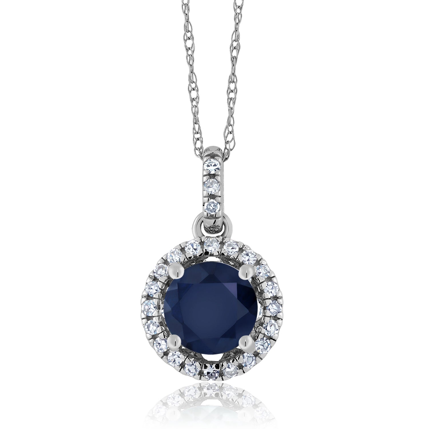 14K White Gold Blue Sapphire and Diamond Pendant Necklace For Women (1.17 Cttw, Round Cut 6MM, Gemstone Birthstone, with 18 Inch Chain)