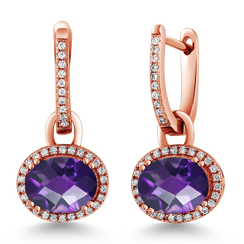 Gem Stone King 18K Rose Gold Plated Silver Gemstone Birthstone Halo Leverback Earrings | Oval 9X7MM | Drop Dangle Earrings for Women | Fine Jewelry Gifts for Women Her Mom Wife