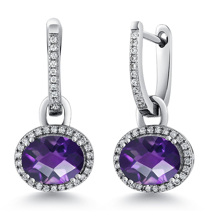 Gem Stone King 925 Sterling Silver Halo Leverback Oval Drop Dangle Earrings for Women | 9X7MM Oval Gemstone Birthstone | Fine Jewelry Gifts for Mom Women Wife Her