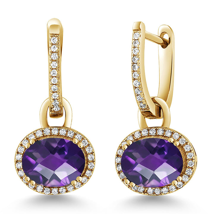 Gem Stone King 18K Yellow Gold Plated Silver Halo Leverback Oval Drop Dangle Earrings for Women | 9X7MM Oval Gemstone Birthstone | Jewelry Gifts for Women Her Mom Wife