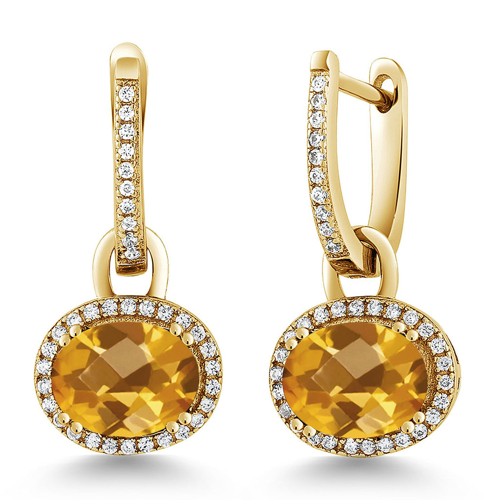 Gem Stone King 18K Yellow Gold Plated Silver Halo Leverback Oval Drop Dangle Earrings for Women | 9X7MM Oval Gemstone Birthstone | Jewelry Gifts for Women Her Mom Wife