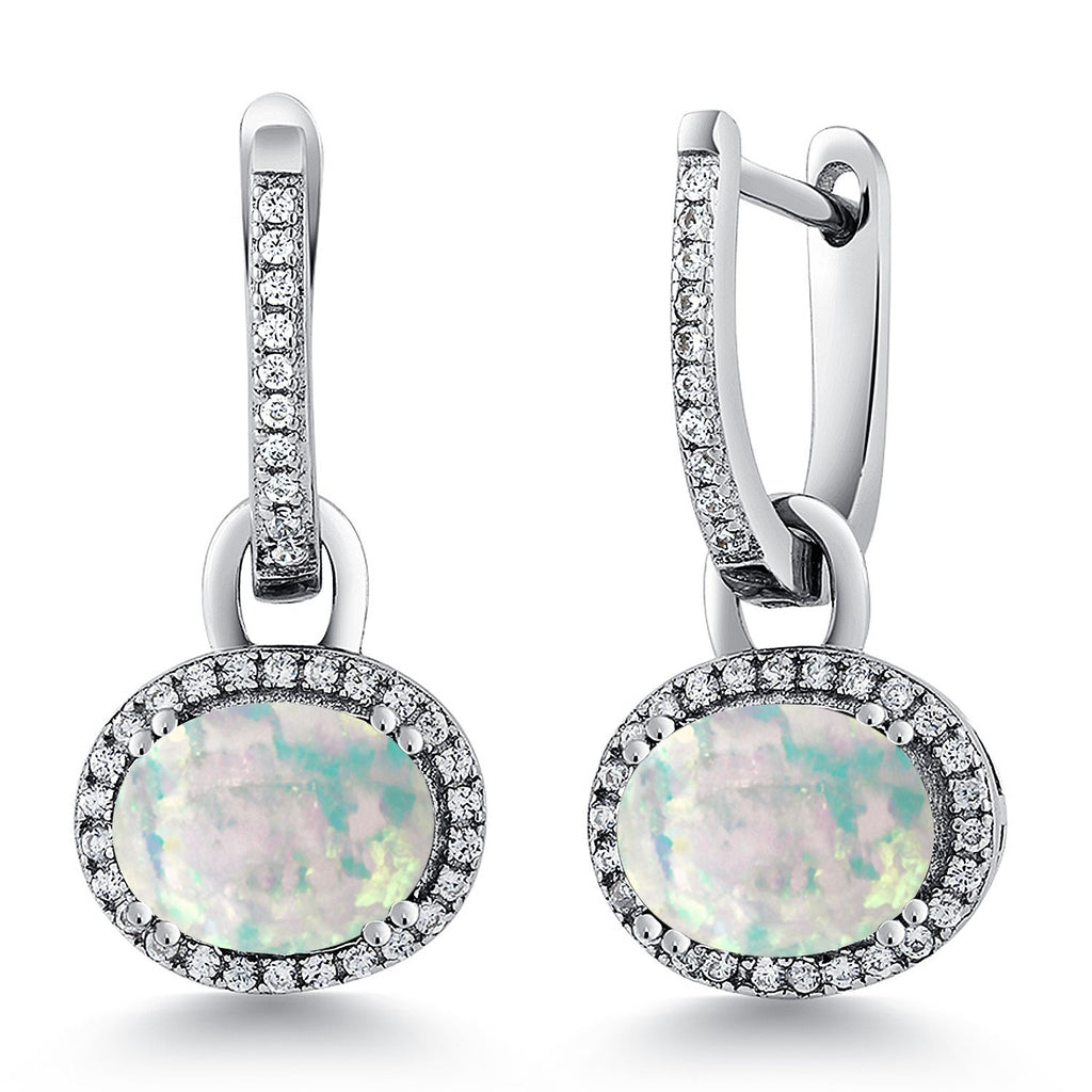 Gem Stone King 925 Sterling Silver Halo Leverback Oval Drop Dangle Earrings for Women | 9X7MM Oval Gemstone Birthstone | Fine Jewelry Gifts for Mom Women Wife Her