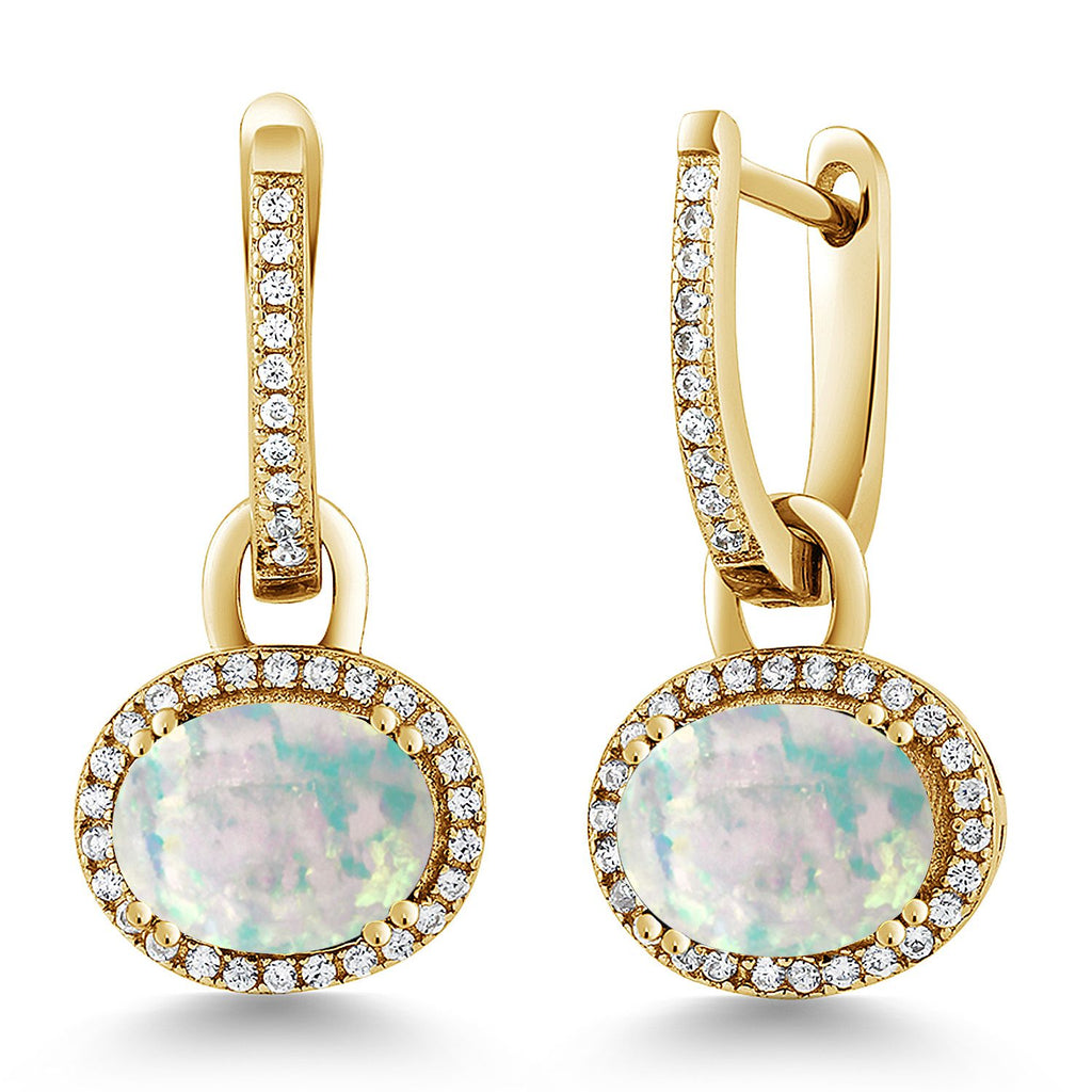 Gem Stone King 18K Yellow Gold Plated Silver Halo Leverback Oval Drop Dangle Earrings for Women | 9X7MM Oval Gemstone Birthstone | Jewelry Gifts for Women Her Mom Wife