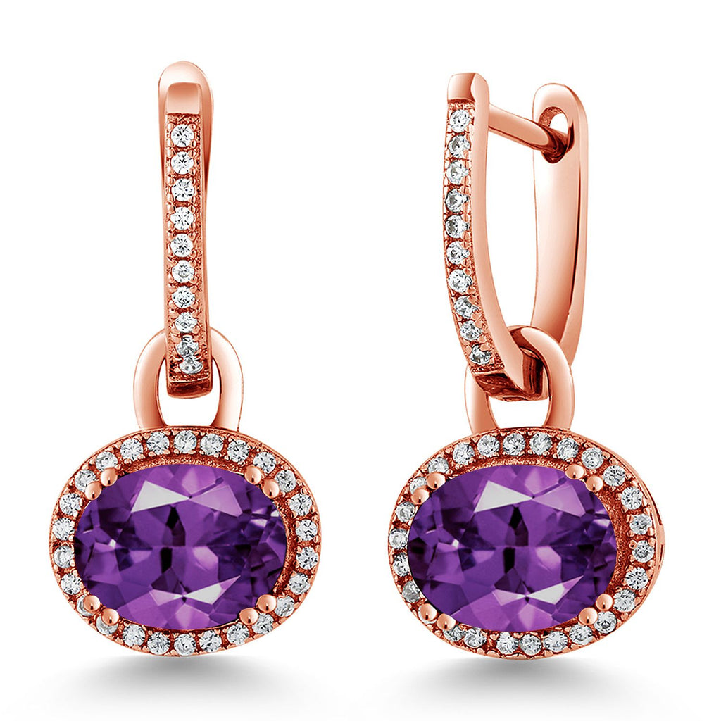 Gem Stone King 18K Rose Gold Plated Silver Gemstone Birthstone Halo Leverback Earrings | Oval 9X7MM | Drop Dangle Earrings for Women | Fine Jewelry Gifts for Women Her Mom Wife