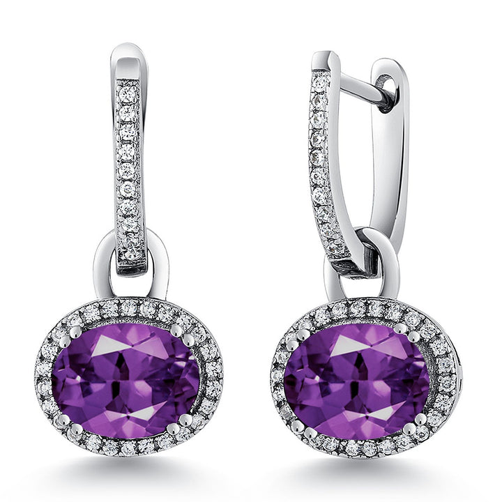 Gem Stone King 925 Sterling Silver Halo Leverback Oval Drop Dangle Earrings for Women | 9X7MM Oval Gemstone Birthstone | Fine Jewelry Gifts for Mom Women Wife Her
