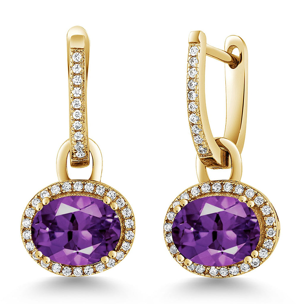 Gem Stone King 18K Yellow Gold Plated Silver Halo Leverback Oval Drop Dangle Earrings for Women | 9X7MM Oval Gemstone Birthstone | Jewelry Gifts for Women Her Mom Wife