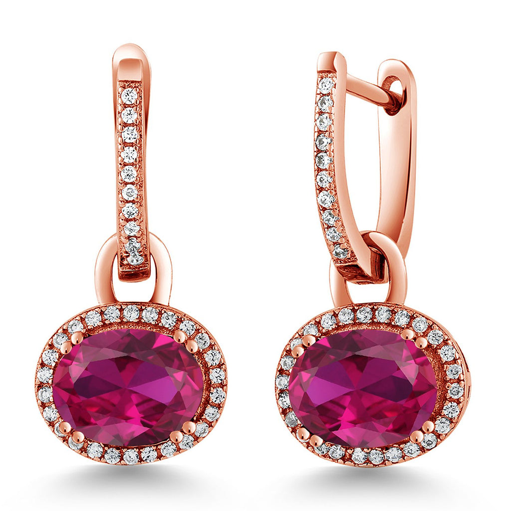 Gem Stone King 18K Rose Gold Plated Silver Gemstone Birthstone Halo Leverback Earrings | Oval 9X7MM | Drop Dangle Earrings for Women | Fine Jewelry Gifts for Women Her Mom Wife