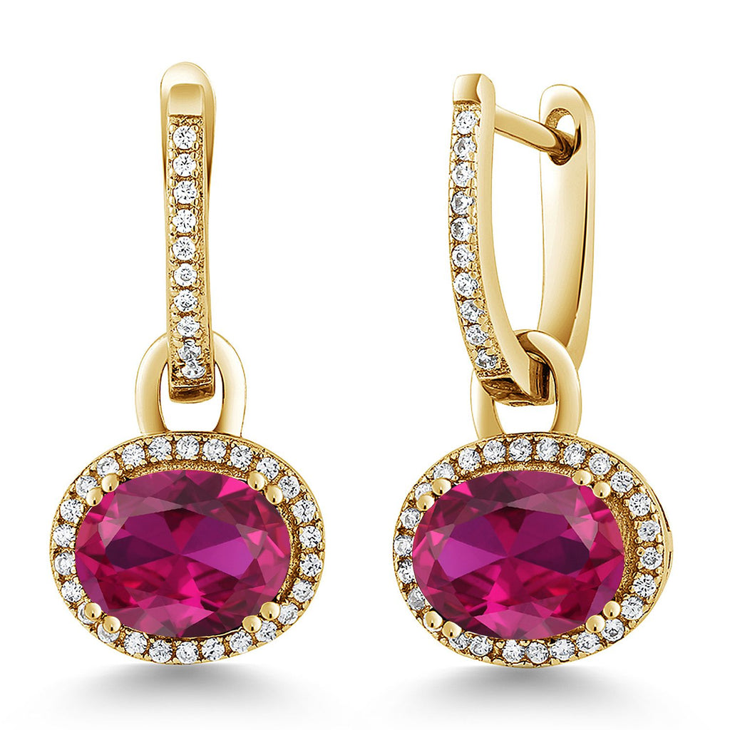 Gem Stone King 18K Yellow Gold Plated Silver Halo Leverback Oval Drop Dangle Earrings for Women | 9X7MM Oval Gemstone Birthstone | Jewelry Gifts for Women Her Mom Wife