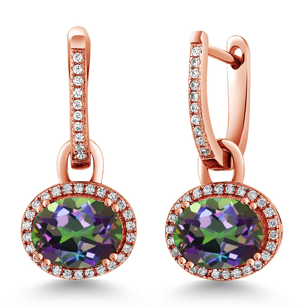 Gem Stone King 18K Rose Gold Plated Silver Gemstone Birthstone Halo Leverback Earrings | Oval 9X7MM | Drop Dangle Earrings for Women | Fine Jewelry Gifts for Women Her Mom Wife