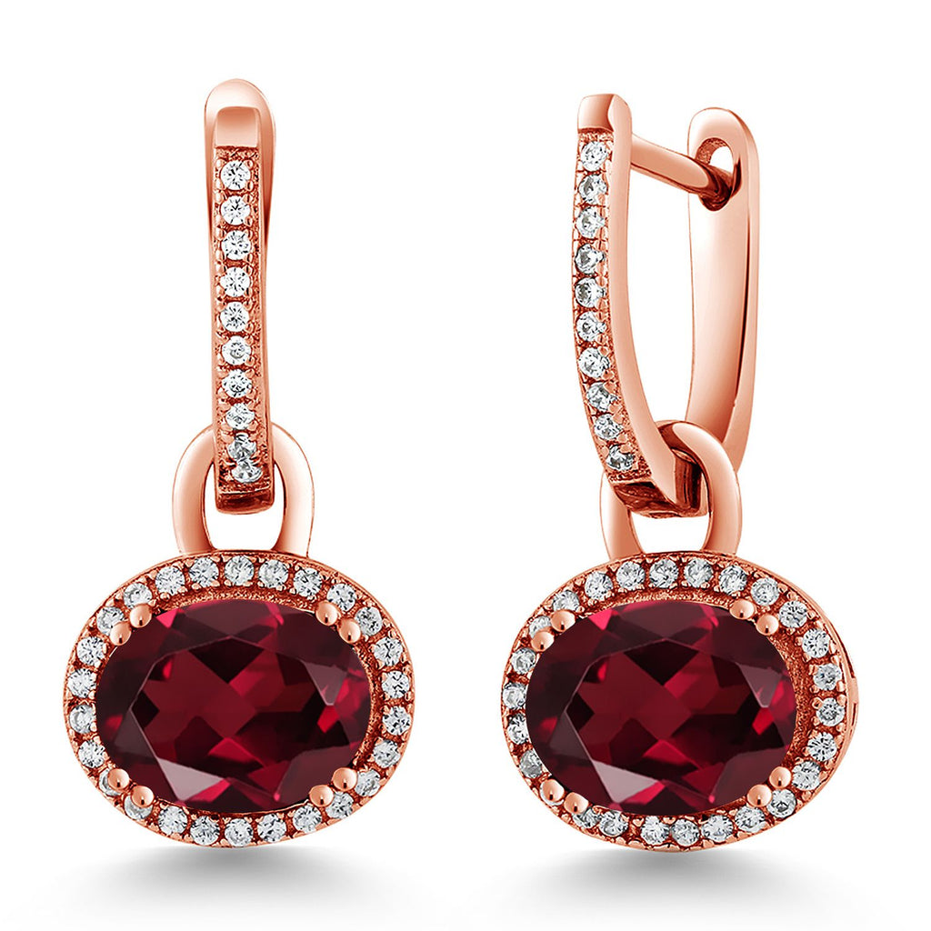 Gem Stone King 18K Rose Gold Plated Silver Gemstone Birthstone Halo Leverback Earrings | Oval 9X7MM | Drop Dangle Earrings for Women | Fine Jewelry Gifts for Women Her Mom Wife