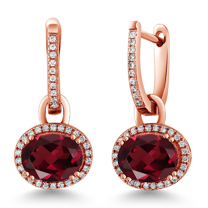 Gem Stone King 18K Rose Gold Plated Silver Gemstone Birthstone Halo Leverback Earrings | Oval 9X7MM | Drop Dangle Earrings for Women | Fine Jewelry Gifts for Women Her Mom Wife