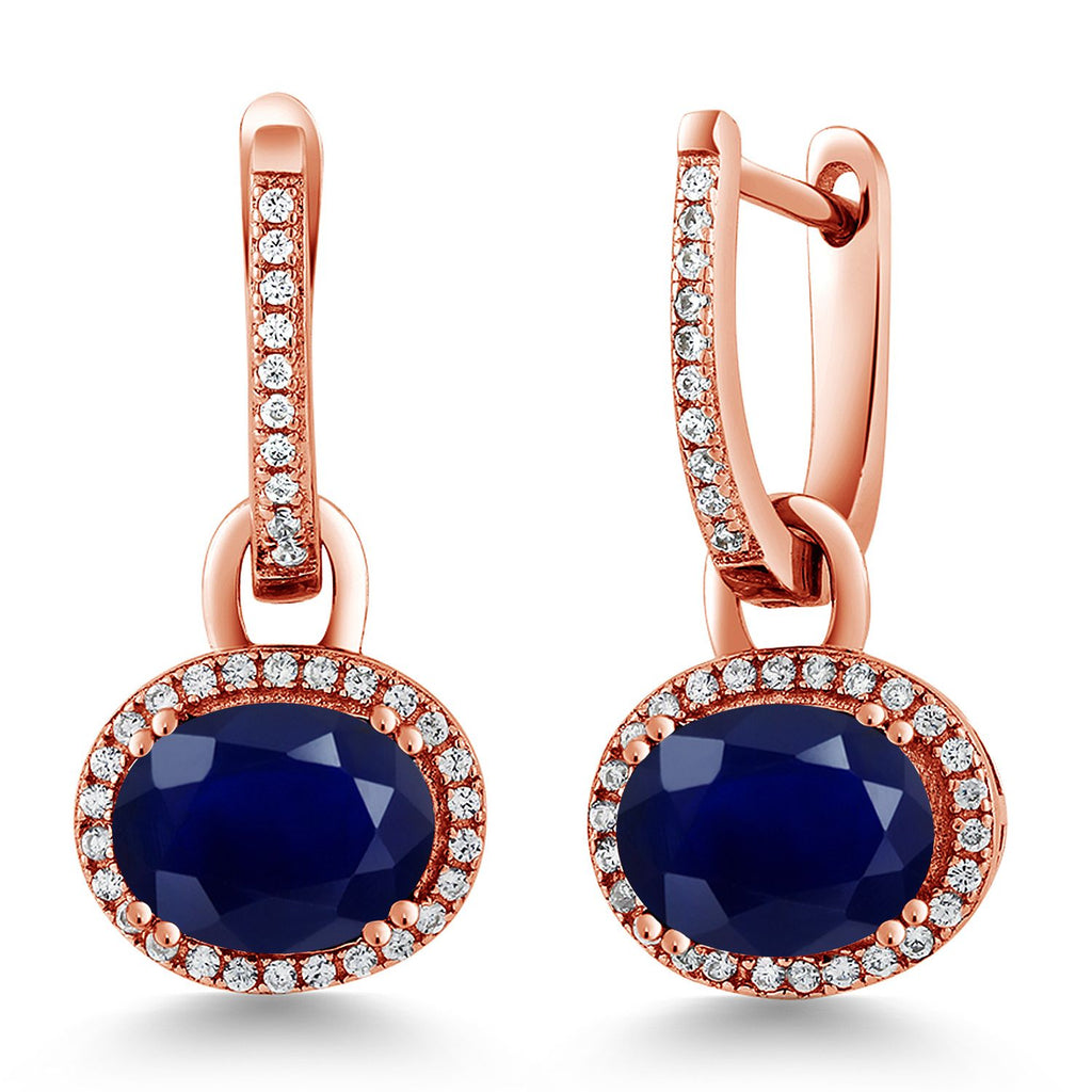 Gem Stone King 18K Rose Gold Plated Silver Gemstone Birthstone Halo Leverback Earrings | Oval 9X7MM | Drop Dangle Earrings for Women | Fine Jewelry Gifts for Women Her Mom Wife