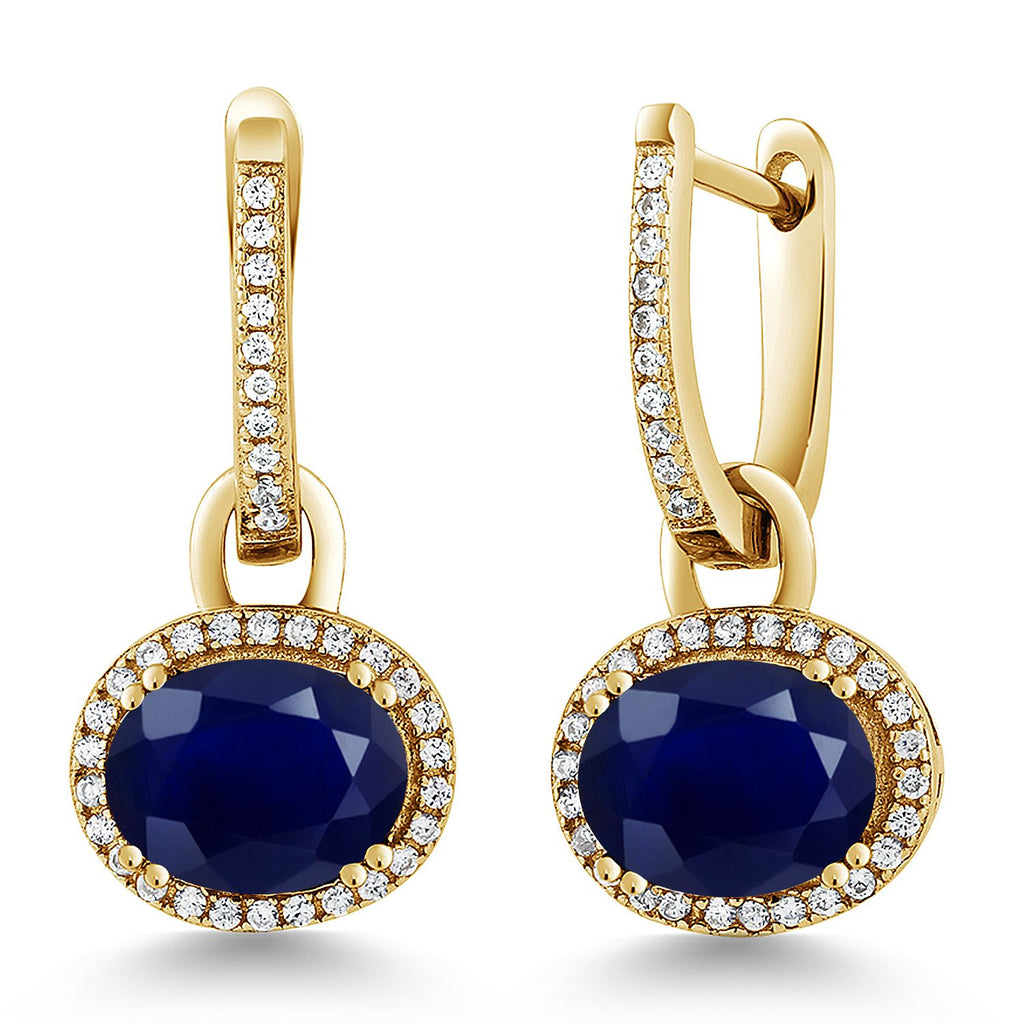 Gem Stone King 18K Yellow Gold Plated Silver Halo Leverback Oval Drop Dangle Earrings for Women | 9X7MM Oval Gemstone Birthstone | Jewelry Gifts for Women Her Mom Wife