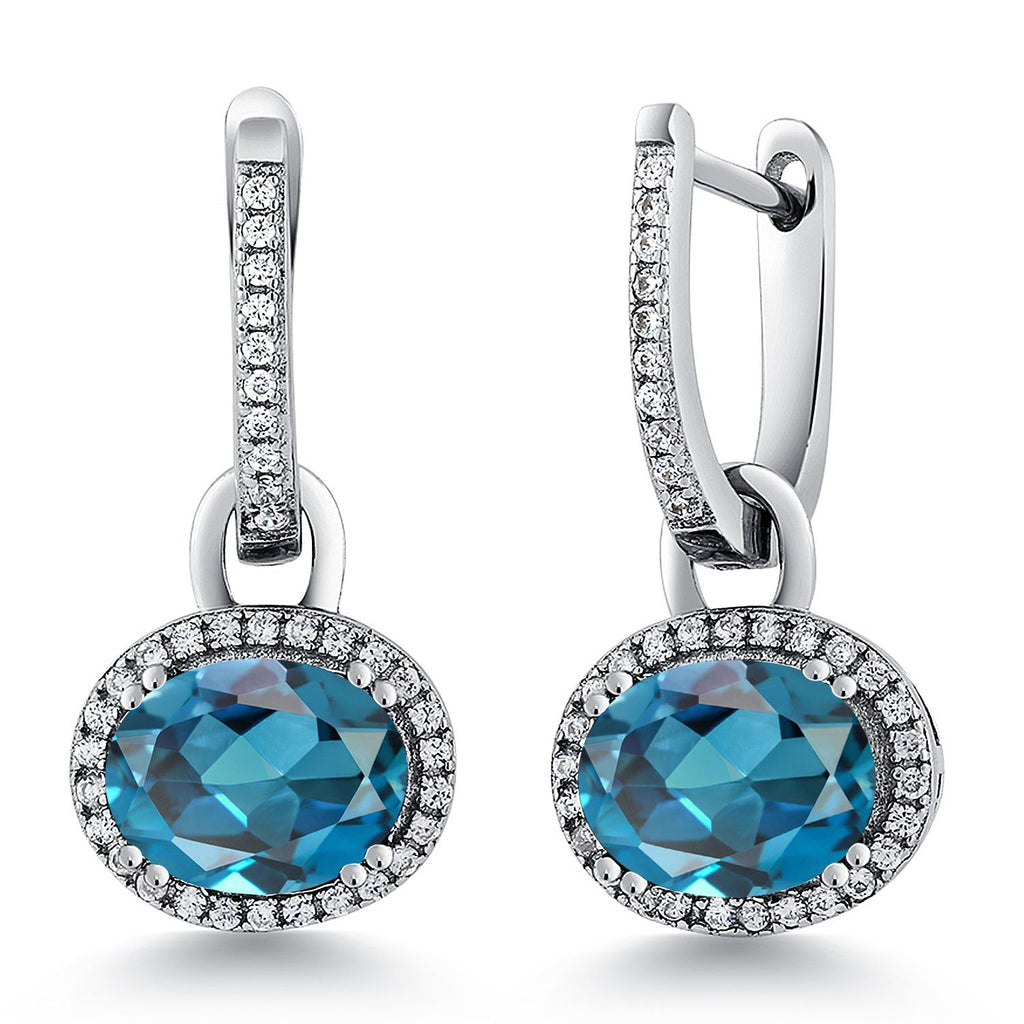 Gem Stone King 925 Sterling Silver Halo Leverback Oval Drop Dangle Earrings for Women | 9X7MM Oval Gemstone Birthstone | Fine Jewelry Gifts for Mom Women Wife Her