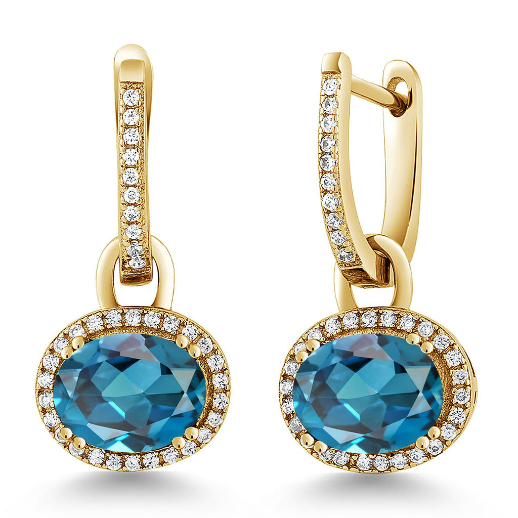 Gem Stone King 18K Yellow Gold Plated Silver Halo Leverback Oval Drop Dangle Earrings for Women | 9X7MM Oval Gemstone Birthstone | Jewelry Gifts for Women Her Mom Wife