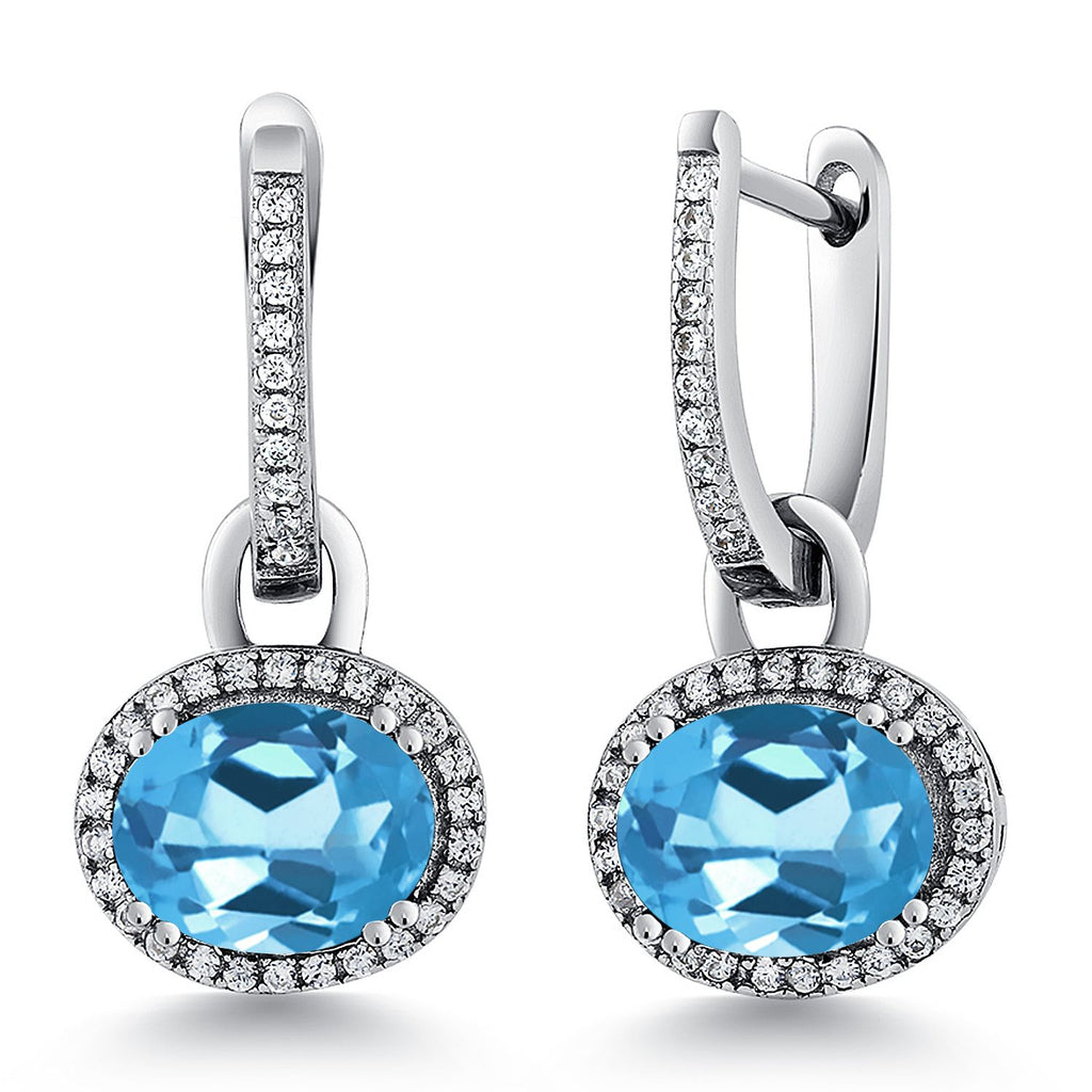 Gem Stone King 925 Sterling Silver Halo Leverback Oval Drop Dangle Earrings for Women | 9X7MM Oval Gemstone Birthstone | Fine Jewelry Gifts for Mom Women Wife Her