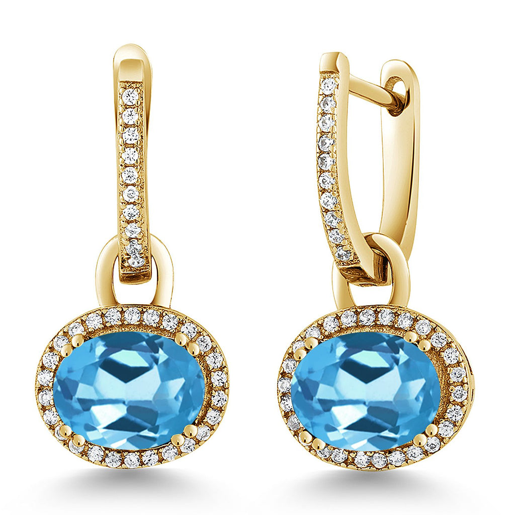 Gem Stone King 18K Yellow Gold Plated Silver Halo Leverback Oval Drop Dangle Earrings for Women | 9X7MM Oval Gemstone Birthstone | Jewelry Gifts for Women Her Mom Wife