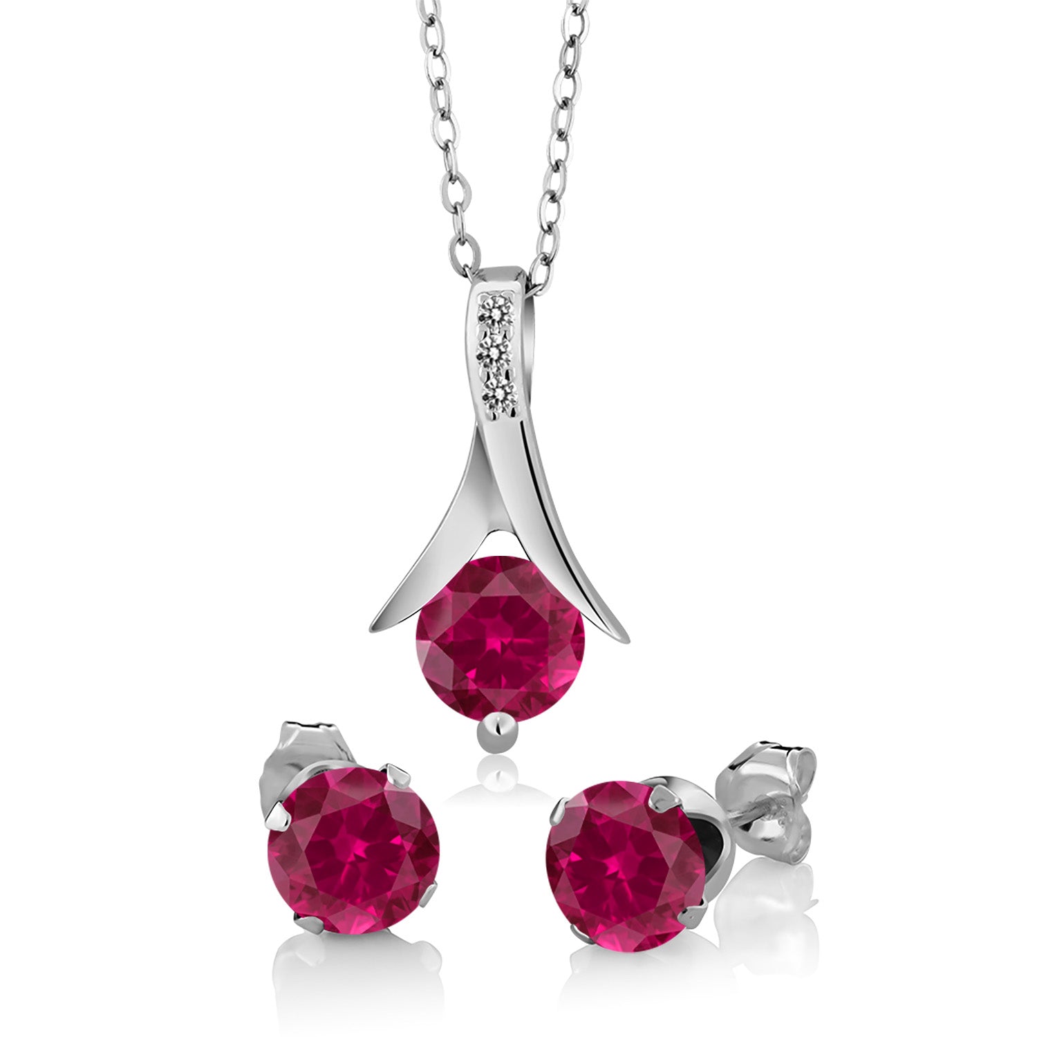 925 Sterling Silver Red Created Ruby and White Diamond Pendant and Earrings Jewelry Set For Women (3.05 Cttw, with 18 Inch Silver Chain)