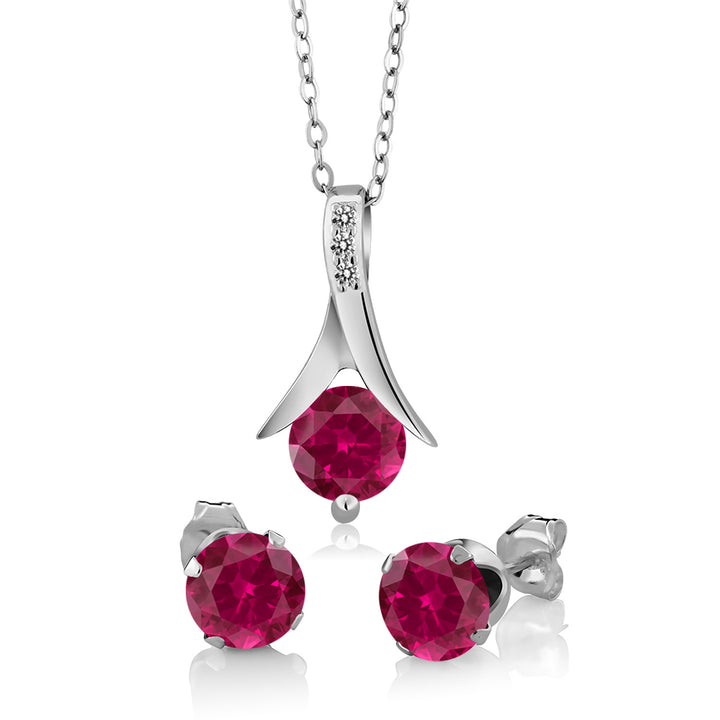 925 Sterling Silver Red Created Ruby and White Diamond Pendant and Earrings Jewelry Set For Women (3.05 Cttw, with 18 Inch Silver Chain)