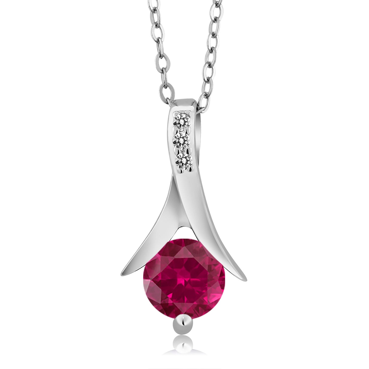 925 Sterling Silver Red Created Ruby and White Diamond Pendant and Earrings Jewelry Set For Women (3.05 Cttw, with 18 Inch Silver Chain)