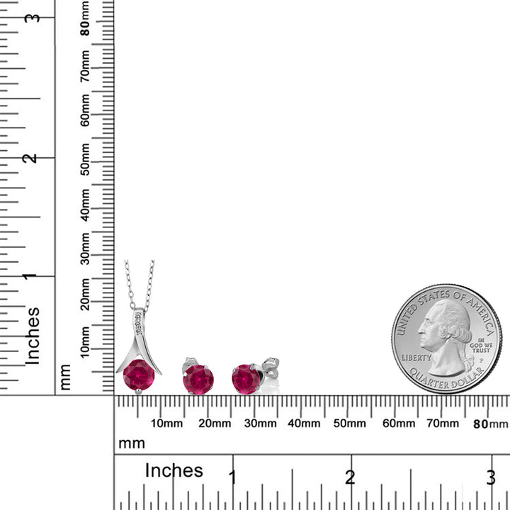 925 Sterling Silver Red Created Ruby and White Diamond Pendant and Earrings Jewelry Set For Women (3.05 Cttw, with 18 Inch Silver Chain)