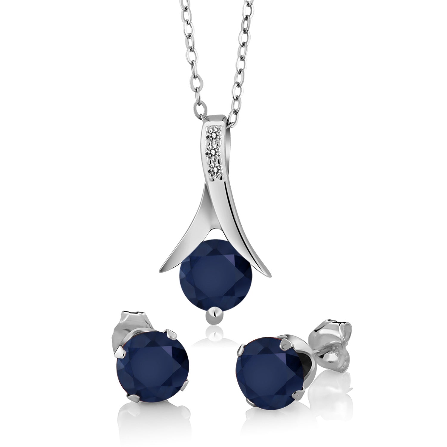 925 Sterling Silver Blue Sapphire and White Diamond Pendant and Earrings Jewelry Set For Women (3.05 Cttw, with 18 Inch Silver Chain)