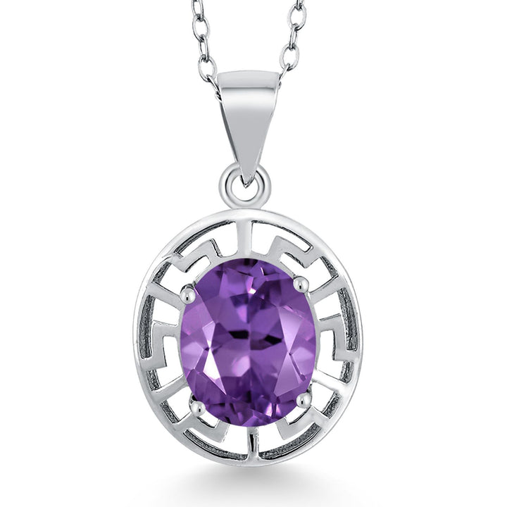Gem Stone King 925 Sterling Silver 10X8MM Oval Gemstone Birthstone Necklace | Greek Key Pendant Necklace for Women | With 18 Inch Silver Chain