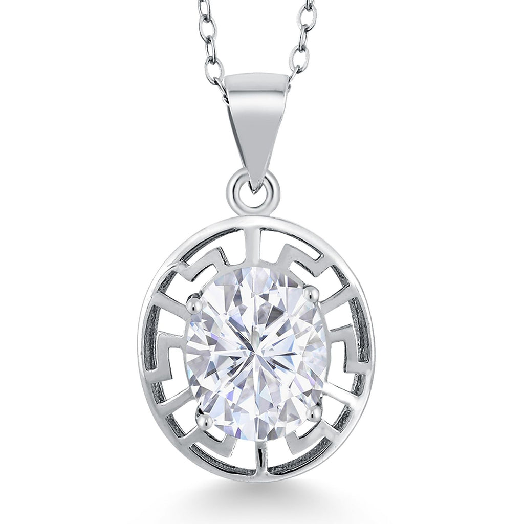 Gem Stone King 925 Sterling Silver 10X8MM Oval Gemstone Birthstone Necklace | Greek Key Pendant Necklace for Women | With 18 Inch Silver Chain