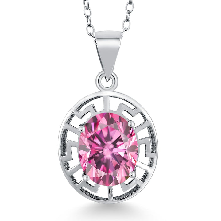 Gem Stone King 925 Sterling Silver 10X8MM Oval Gemstone Birthstone Necklace | Greek Key Pendant Necklace for Women | With 18 Inch Silver Chain