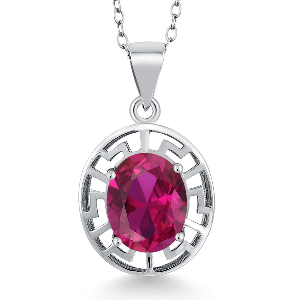 Gem Stone King 925 Sterling Silver 10X8MM Oval Gemstone Birthstone Necklace | Greek Key Pendant Necklace for Women | With 18 Inch Silver Chain