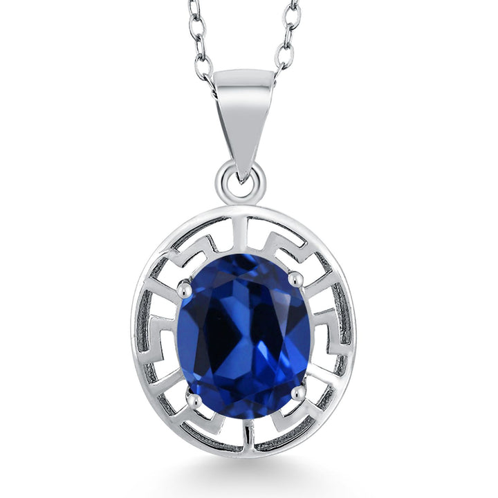 Gem Stone King 925 Sterling Silver 10X8MM Oval Gemstone Birthstone Necklace | Greek Key Pendant Necklace for Women | With 18 Inch Silver Chain
