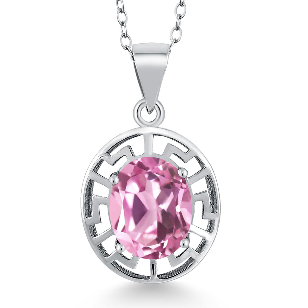 Gem Stone King 925 Sterling Silver 10X8MM Oval Gemstone Birthstone Necklace | Greek Key Pendant Necklace for Women | With 18 Inch Silver Chain