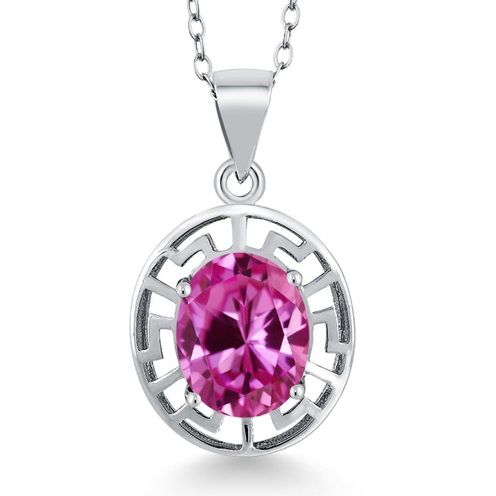 Gem Stone King 925 Sterling Silver 10X8MM Oval Gemstone Birthstone Necklace | Greek Key Pendant Necklace for Women | With 18 Inch Silver Chain