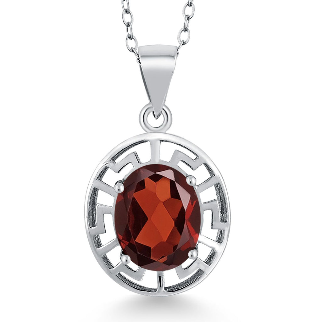 Gem Stone King 925 Sterling Silver 10X8MM Oval Gemstone Birthstone Necklace | Greek Key Pendant Necklace for Women | With 18 Inch Silver Chain