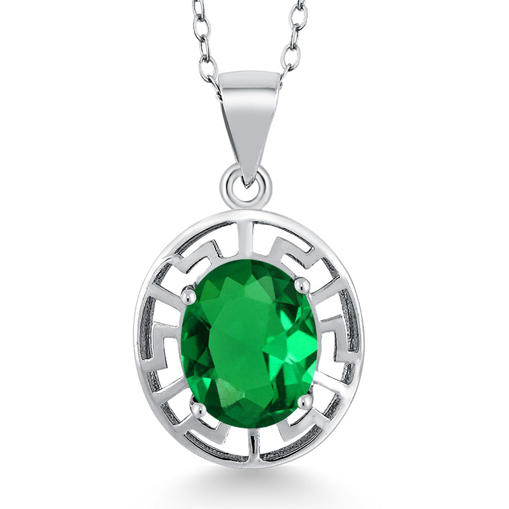 Gem Stone King 925 Sterling Silver 10X8MM Oval Gemstone Birthstone Necklace | Greek Key Pendant Necklace for Women | With 18 Inch Silver Chain