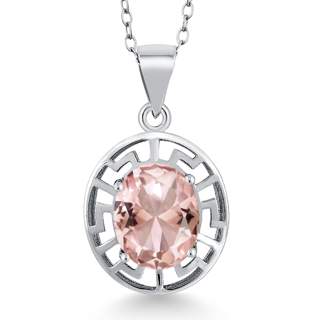 Gem Stone King 925 Sterling Silver 10X8MM Oval Gemstone Birthstone Necklace | Greek Key Pendant Necklace for Women | With 18 Inch Silver Chain