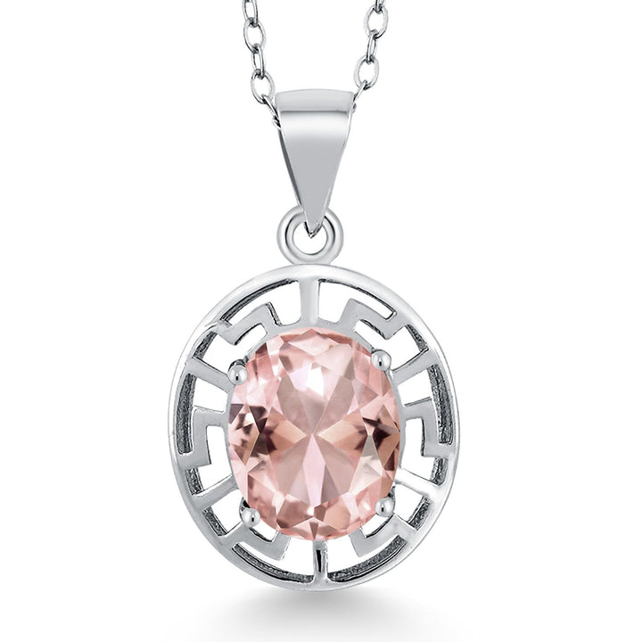 Gem Stone King 925 Sterling Silver 10X8MM Oval Gemstone Birthstone Necklace | Greek Key Pendant Necklace for Women | With 18 Inch Silver Chain
