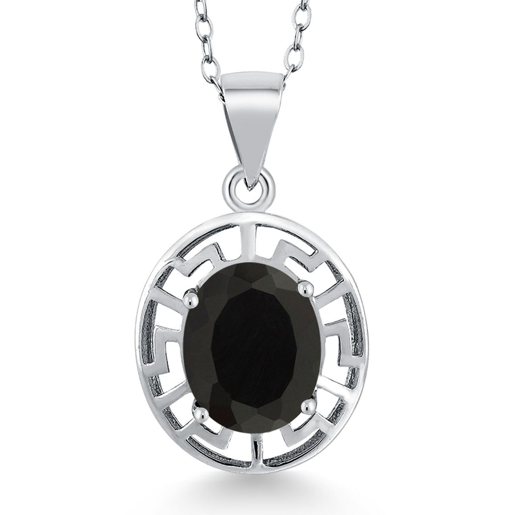 Gem Stone King 925 Sterling Silver 10X8MM Oval Gemstone Birthstone Necklace | Greek Key Pendant Necklace for Women | With 18 Inch Silver Chain