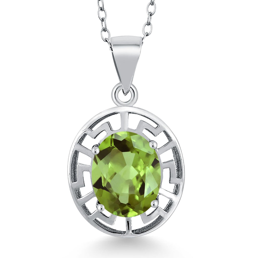 Gem Stone King 925 Sterling Silver 10X8MM Oval Gemstone Birthstone Necklace | Greek Key Pendant Necklace for Women | With 18 Inch Silver Chain