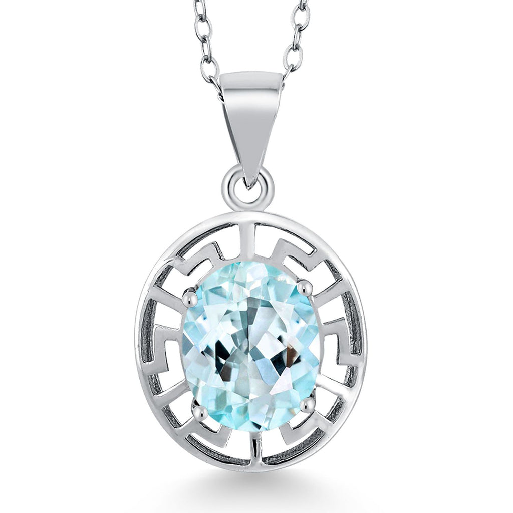 Gem Stone King 925 Sterling Silver 10X8MM Oval Gemstone Birthstone Necklace | Greek Key Pendant Necklace for Women | With 18 Inch Silver Chain