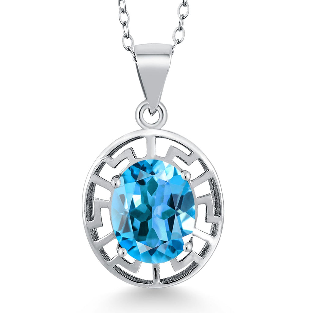 Gem Stone King 925 Sterling Silver 10X8MM Oval Gemstone Birthstone Necklace | Greek Key Pendant Necklace for Women | With 18 Inch Silver Chain