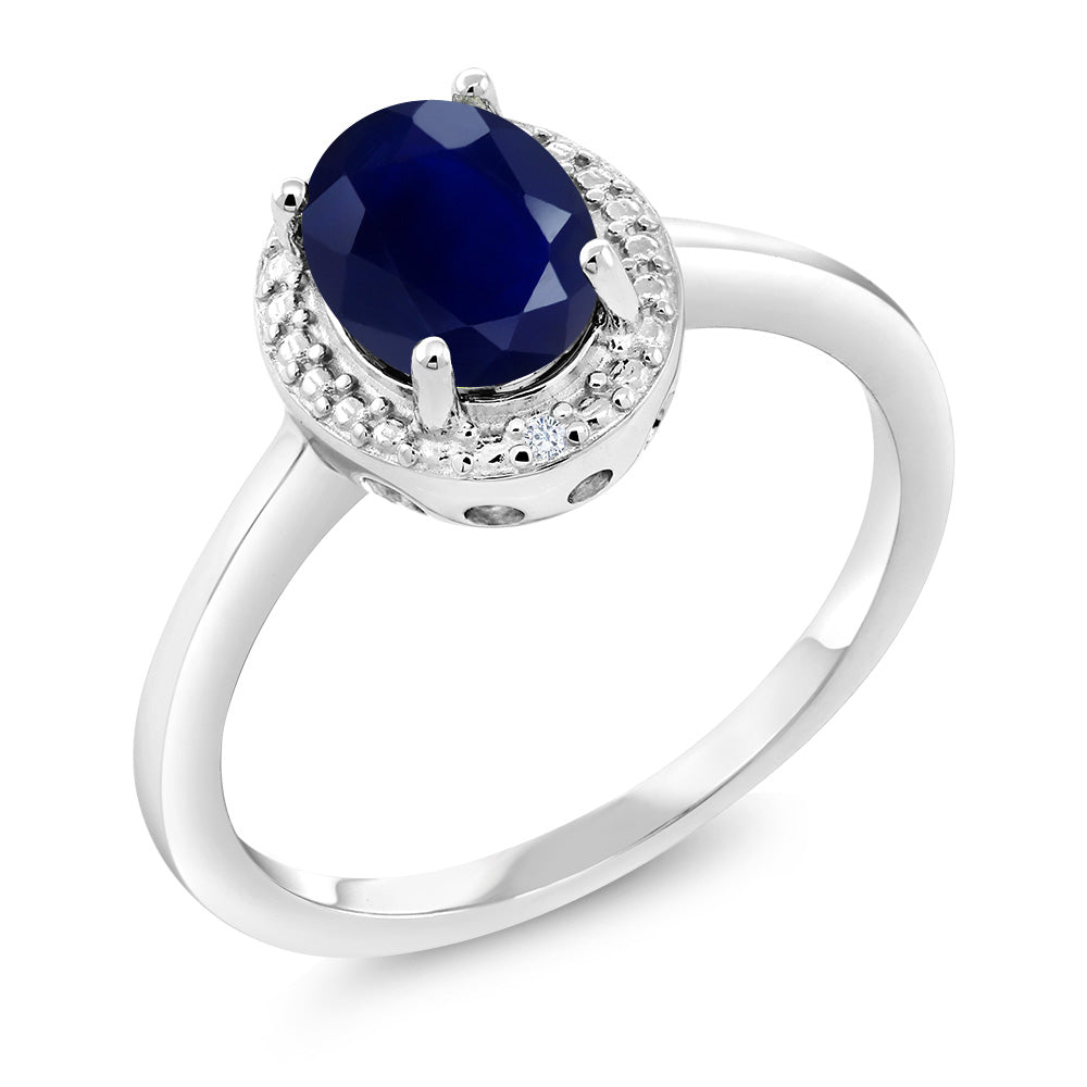 925 Sterling Silver Blue Sapphire and White Diamond Engagement Ring For Women (1.80 Cttw, Gemstone September Birthstone, Oval 8X6MM, Available In Size 5, 6, 7, 8, 9)