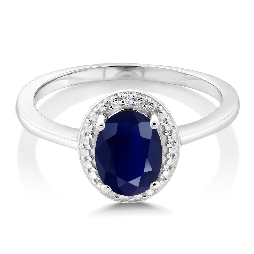 925 Sterling Silver Blue Sapphire and White Diamond Engagement Ring For Women (1.80 Cttw, Gemstone September Birthstone, Oval 8X6MM, Available In Size 5, 6, 7, 8, 9)